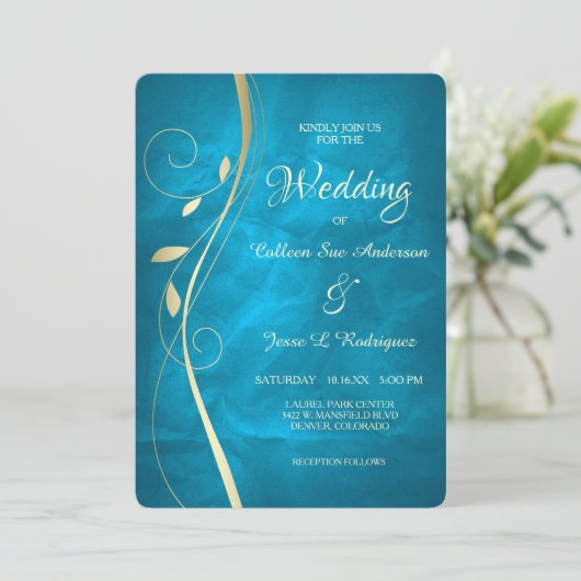金ゴールドリーフスワールティール(緑がかった色)ブルー結婚式招待状 招待状 (スタンド正面)