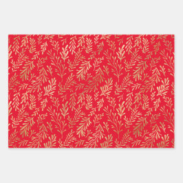 金ゴールドリーフパターンレッドグリーンホワイトクリスマス ラッピングペーパーシート