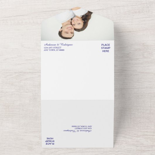 金ゴールドリーフブルー写真テンプレートオールインワン結婚ズ オールインワン招待状 (外側)