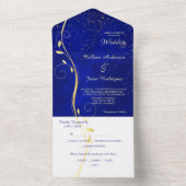 金ゴールドリーフブルー写真テンプレートオールインワン結婚ズ オールインワン招待状 (内側)