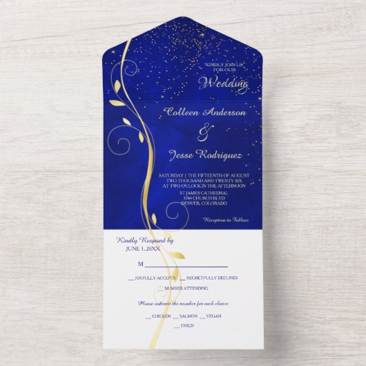 金ゴールドリーフブルー写真テンプレートオールインワン結婚ズ オールインワン招待状 (内側)