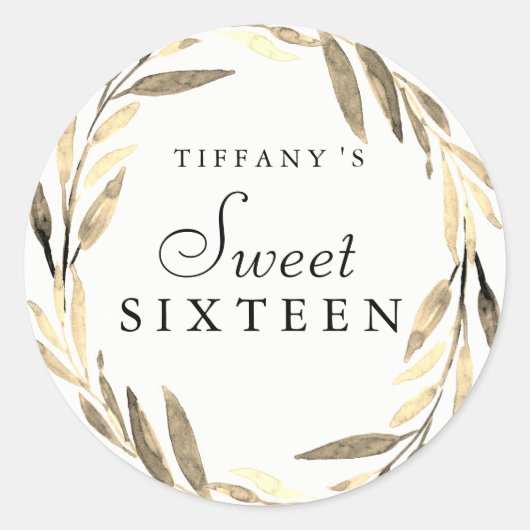 金ゴールドリーフモダンリーススウィート16ステッカー ラウンドシール (正面)