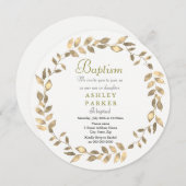 金ゴールドリーフモダンリースボーイガールバプティスマ招待状 招待状 (正面/裏面)