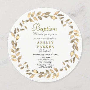 金ゴールドリーフモダンリースボーイガールバプティスマ招待状 招待状