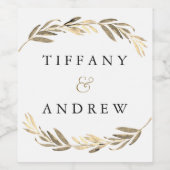 金ゴールドリーフモダンリース結婚婚約 ワインラベル (シングルラベル)