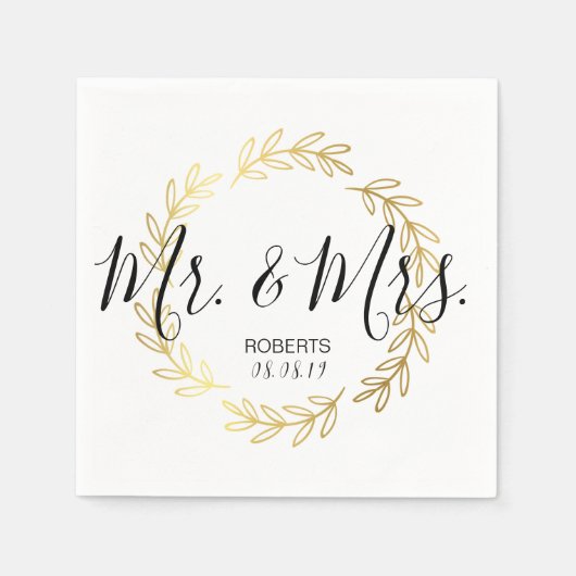 金ゴールドリーフリースと白黒スクリプ結婚ト スタンダードカクテルナプキン (正面)