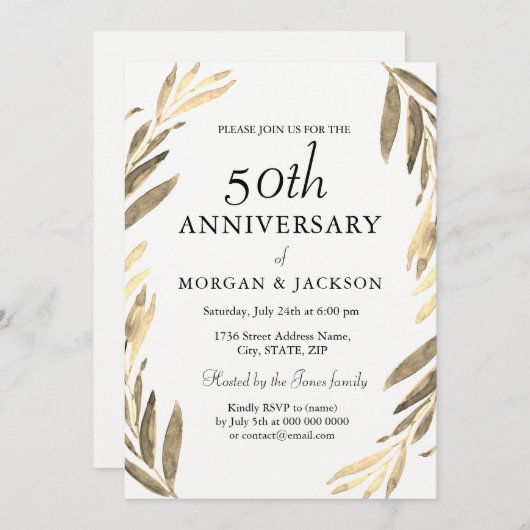 金ゴールドリーフリース50周年結婚招待状 招待状 (正面/裏面)