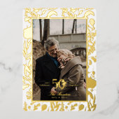 金ゴールドリーフワイルドフラワー50th結婚のアニバーサリーフォイル 箔招待状 (正面)