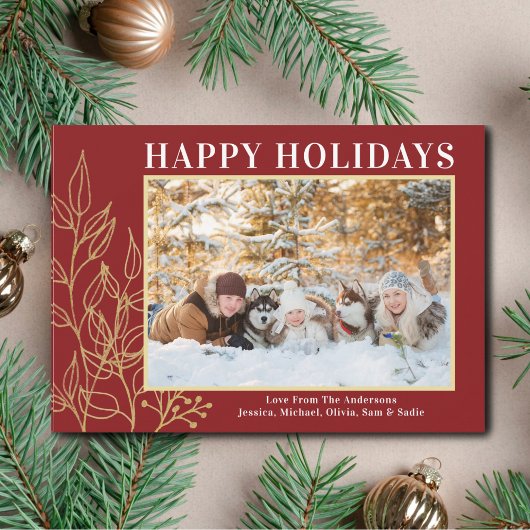 金ゴールドリーフBurgundyフォトハッピーホリデーカード シーズンカード