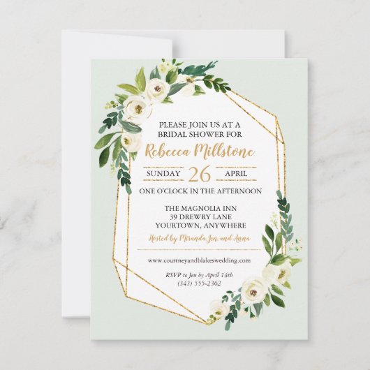 金ゴールドルックジオメトリックフレームフローラブライダルシャワー 招待状 (正面)