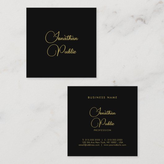 金ゴールドルックハンドスクリプト名シンプルテンプレートエレガント スクエア名刺 (正面/裏面)