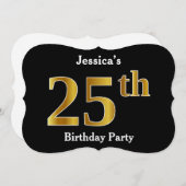 金ゴールドルッフェイクク25歳の誕生日パーティー+名前をカスタムする 招待状 (正面/裏面)