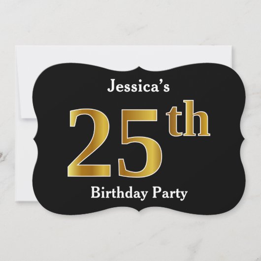 金ゴールドルッフェイクク25歳の誕生日パーティー+名前をカスタムする 招待状 (正面)