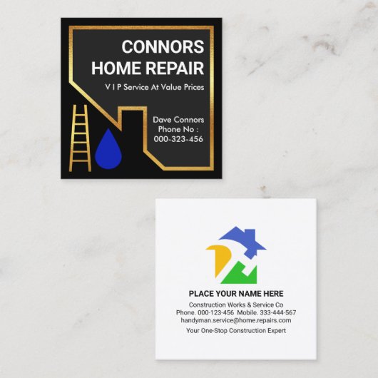 金ゴールドルーフ建物ホーム修理 スクエア名刺 (正面/裏面)