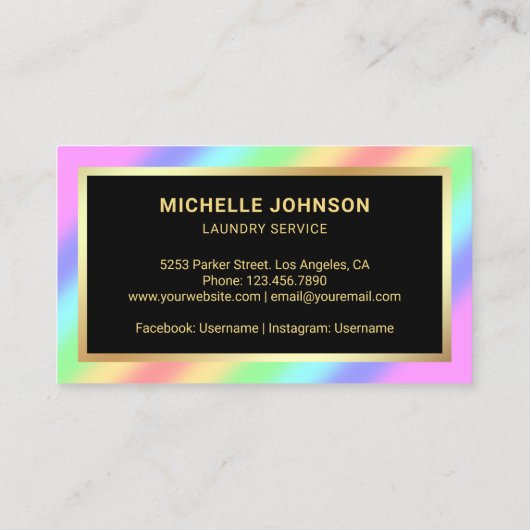 金ゴールドレインボースチームアイロンランドリーアイロン掛けサービス 名刺 (裏面)