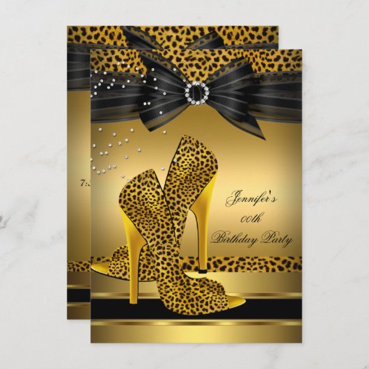 金ゴールドレオパードハイヒールブラックボウバースデーパーティー2 招待状 (正面/裏面)