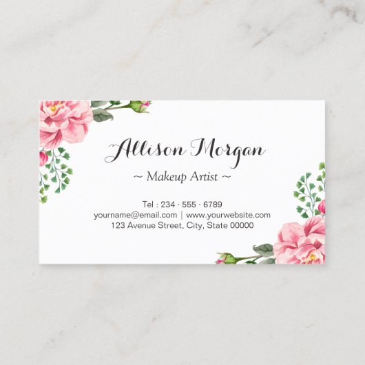 金ゴールドレタリングまつ毛メイクアップアーティストピンクフローラ 名刺 (裏面)