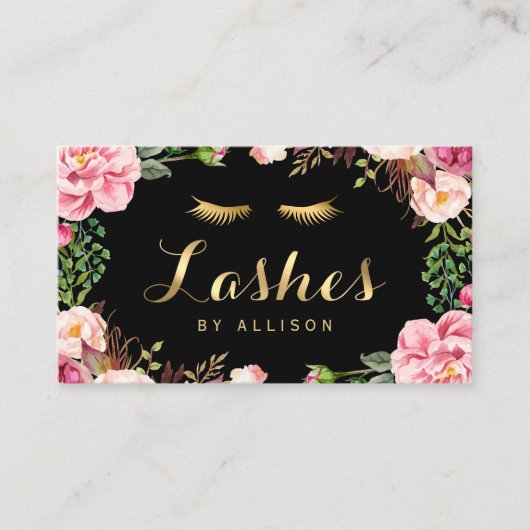 金ゴールドレタリングまつ毛メイクアップアーティストピンクフローラ 名刺 (正面)