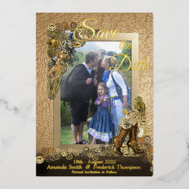 金ゴールドレタリングスチームパンクオンレザーインスピレーション 箔招待状