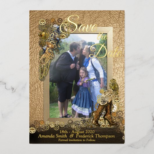 金ゴールドレタリングスチームパンクオンレザーインスピレーション 箔招待状 (正面)