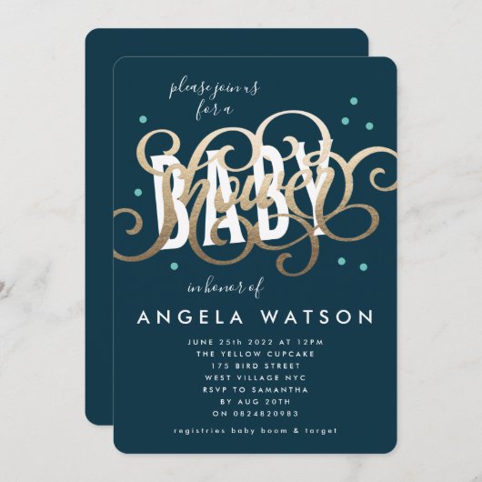 金ゴールドレタリングネイビーボーイベビーシャワー招待状 招待状 (正面/裏面)