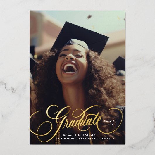 金ゴールドレタリング卒業写真卒業パーティー 箔招待状 (正面)