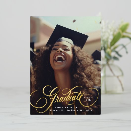 金ゴールドレタリング卒業写真卒業パーティー 箔招待状 (立ち正面)