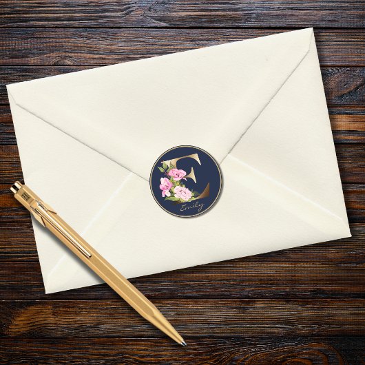金ゴールドレターEネイビエレガントーフローラモノグラム ラウンドシール