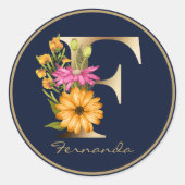 金ゴールドレターFネイビーエレガントフローラモノグラム ラウンドシール (正面)