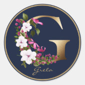 金ゴールドレターGネイビーエレガントフローラモノグラム ラウンドシール (正面)