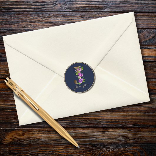 金ゴールドレターJネイビーエレガントフローラモノグラム ラウンドシール