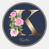 金ゴールドレターKネイビーエレガントフローラモノグラムバラ ラウンドシール (正面)