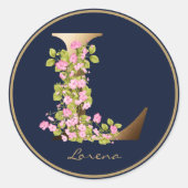 金ゴールドレターLネイビーエレガントフローラモノグラム ラウンドシール (正面)