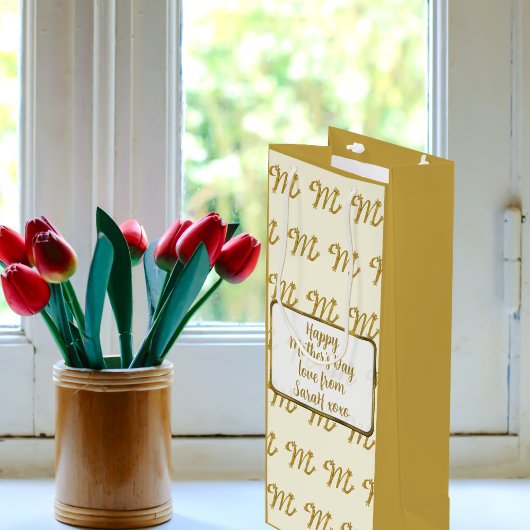 金ゴールドレターMパタエレガントーン母の日カスタム ワインギフトバッグ