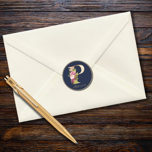 金ゴールドレターPネイビーエレガントフローラモノグラム ラウンドシール