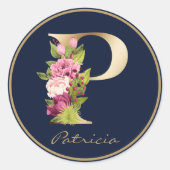 金ゴールドレターPネイビーエレガントフローラモノグラム ラウンドシール (正面)