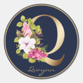 金ゴールドレターQネイビーエレガントフローラモノグラム ラウンドシール (正面)