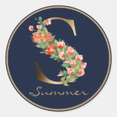 金ゴールドレターSフローラモノグラムオレンジ色の花 ラウンドシール (正面)