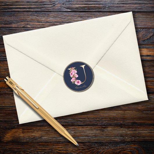 金ゴールドレターUピンクマゼンタフローラモノグラム ラウンドシール