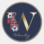 金ゴールドレターWモノグラムレッドホワイトパープルフローラ ラウンドシール (正面)