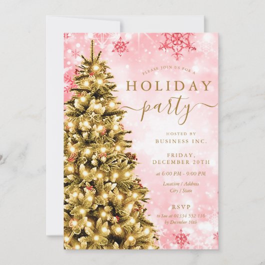 金ゴールドレッドクリスマスツリー会社ホリデーパーティー 招待状 (正面)