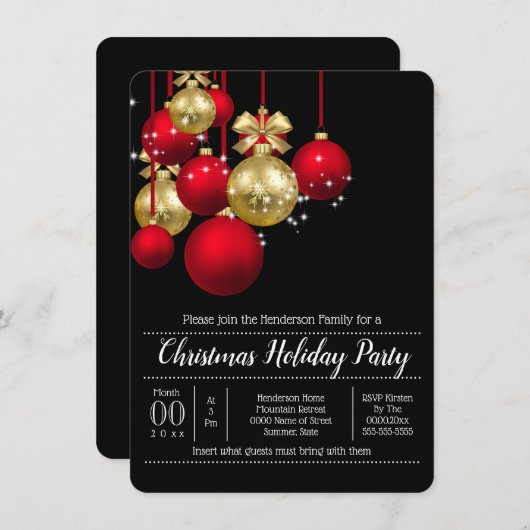 金ゴールドレッドクリスマスボーブルズホリデーパーティーシック 招待状 (正面/裏面)