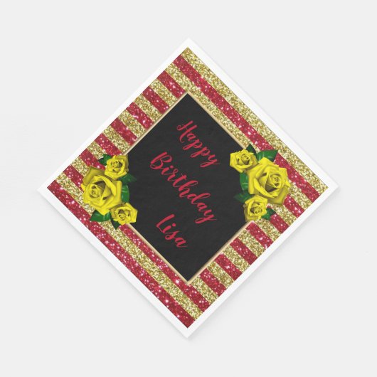 金ゴールドレッドグリッターストライプズイエローローズ誕生日 スタンダードランチョンナプキン (角)