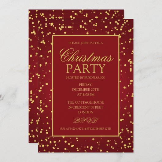 金ゴールドレッドグリッタードットクリスマスホリデーパーティー 招待状 (正面/裏面)