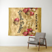 金ゴールドレッドグリッターバルーンSweet 16 タペストリー (インサイチュ(横))