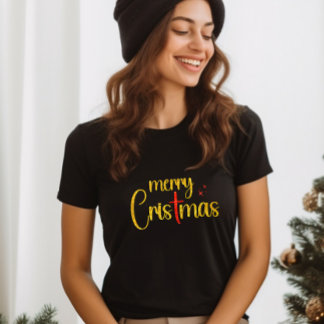 金ゴールドレッドグリッターメリークリスマスクリスクロス Tシャツ