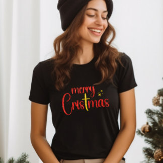 金ゴールドレッドグリッターメリークリスマスクリスクロス Tシャツ