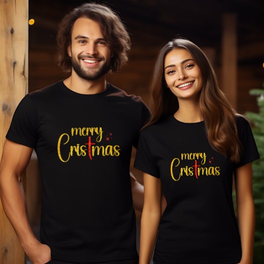金ゴールドレッドグリッターメリークリスマスクリスクロス Tシャツ