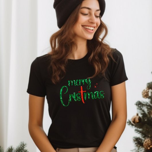 金ゴールドレッドグリッターメリークリスマスクリスクロス Tシャツ