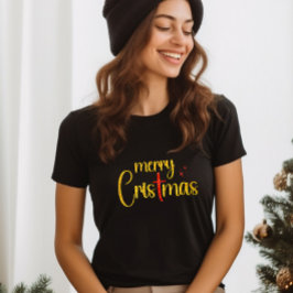 金ゴールドレッドグリッターメリークリスマスクリスクロス Tシャツ